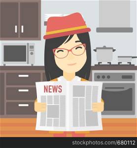 An asian happy woman reading the newspaper. Young smiling woman reading good news. Woman with newspaper in hands on the background of kitchen. Vector flat design illustration. Square layout.. Woman reading newspaper vector illustration.