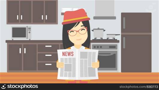 An asian happy woman reading the newspaper. Young smiling woman reading good news. Woman with newspaper in hands on the background of kitchen. Vector flat design illustration. Horizontal layout.. Woman reading newspaper vector illustration.