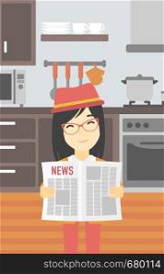 An asian happy woman reading the newspaper. Young smiling woman reading good news. Woman with newspaper in hands on the background of kitchen. Vector flat design illustration. Vertical layout.. Woman reading newspaper vector illustration.