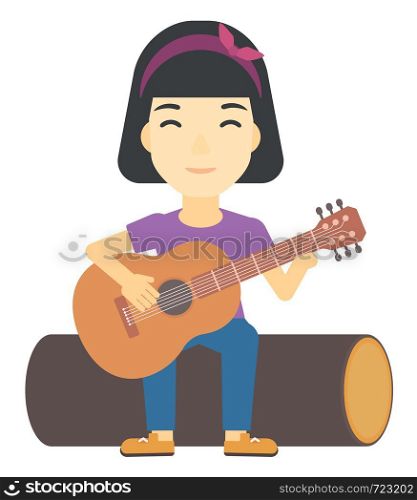 An asian happy woman sitting on a log and playing a guitar vector flat design illustration isolated on white background.. Woman playing guitar.