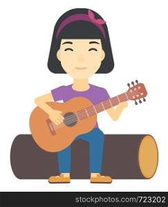 An asian happy woman sitting on a log and playing a guitar vector flat design illustration isolated on white background.. Woman playing guitar.