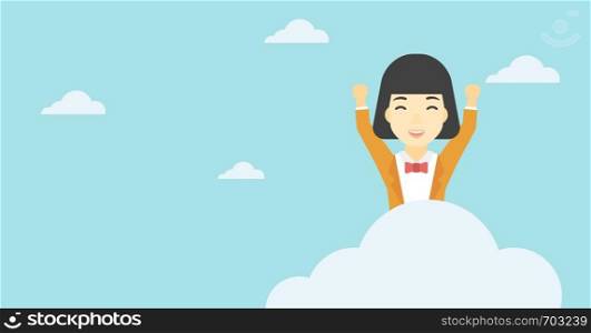 An asian happy woman with raised hands sitting on a cloud on the background of blue sky. Cloud computing concept. Vector flat design illustration. Horizontal layout.. Woman sitting on cloud vector illustration.