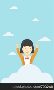 An asian happy woman with raised hands sitting on a cloud on the background of blue sky. Cloud computing concept. Vector flat design illustration. Vertical layout.. Woman sitting on cloud vector illustration.