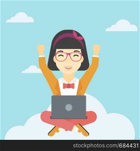 An asian happy woman with raised hands sitting on a cloud with a laptop. Vector flat design illustration. Square layout.. Woman on cloud with laptop vector illustration.