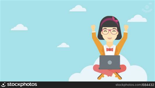An asian happy woman with raised hands sitting on a cloud with a laptop. Vector flat design illustration. Horizontal layout.. Woman on cloud with laptop vector illustration.