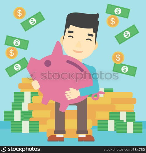 An asian happy young businessman holding a big piggy bank in hands under money rain on the background of stacks of gold coins. Vector flat design illustration. Square layout.. Businessman with piggy bank vector illustration.