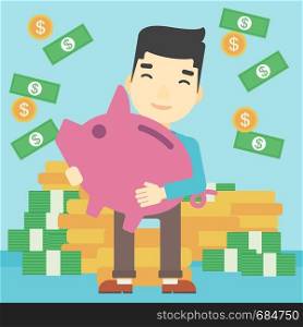 An asian happy young businessman holding a big piggy bank in hands under money rain on the background of stacks of gold coins. Vector flat design illustration. Square layout.. Businessman with piggy bank vector illustration.