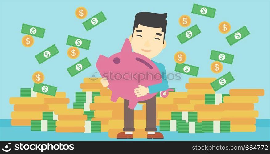 An asian happy young businessman holding a big piggy bank in hands under money rain on the background of stacks of gold coins. Vector flat design illustration. Horizontal layout.. Businessman with piggy bank vector illustration.