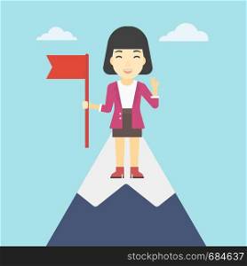 An asian happy young leader business woman holding a red flag on the top of the mountain. Successful business concept. Vector flat design illustration. Square layout.. Cheerful leader business woman vector illustration