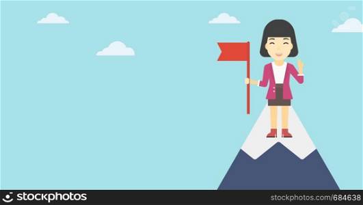An asian happy young leader business woman holding a red flag on the top of the mountain. Successful business concept. Vector flat design illustration. Horizontal layout.. Cheerful leader business woman vector illustration