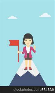 An asian happy young leader business woman holding a red flag on the top of the mountain. Successful business concept. Vector flat design illustration. Vertical layout.. Cheerful leader business woman vector illustration