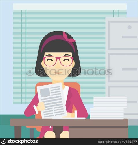 An asian human resources manager reading application portfolios in the office. Concept of recruitment of staff, job interview. Vector flat design illustration. Square layout.. HR manager checking files vector illustration.