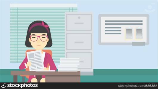 An asian human resources manager reading application portfolios in the office. Concept of recruitment of staff, job interview. Vector flat design illustration. Horizontal layout.. HR manager checking files vector illustration.