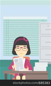 An asian human resources manager reading application portfolios in the office. Concept of recruitment of staff, job interview. Vector flat design illustration. Vertical layout.. HR manager checking files vector illustration.