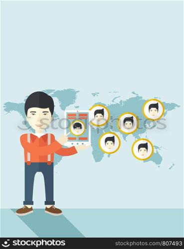 An asian identification, face in world map in every destinations. A contemporary style with pastel palette soft blue tinted background. Vector flat design illustration. Vertical layout with text space on top part. . World map with same faces every destination.