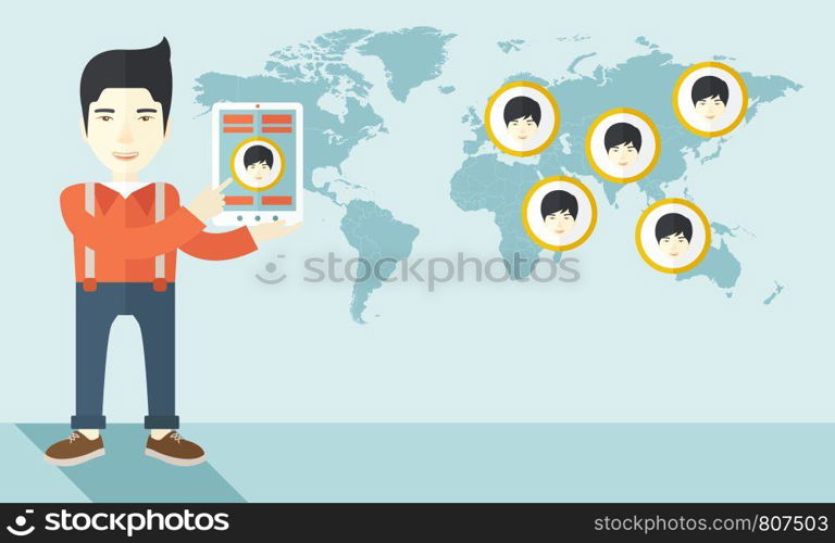 An asian identification, face in world map in every destinations. A contemporary style with pastel palette soft blue tinted background. Vector flat design illustration. Horizontal layout.. World map with same faces every destination.
