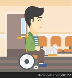 An asian injured man with leg in plaster. Man with broken leg sitting in wheelchair. Man with fractured leg in the hospital corridor. Vector flat design illustration. Square layout.. Man with broken leg sitting in wheelchair.