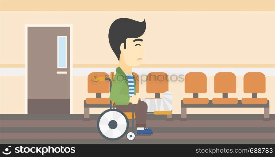 An asian injured man with leg in plaster. Man with broken leg sitting in wheelchair. Man with fractured leg in the hospital corridor. Vector flat design illustration. Horizontal layout.. Man with broken leg sitting in wheelchair.