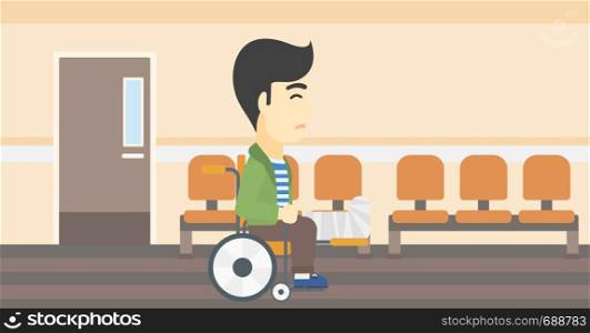 An asian injured man with leg in plaster. Man with broken leg sitting in wheelchair. Man with fractured leg in the hospital corridor. Vector flat design illustration. Horizontal layout.. Man with broken leg sitting in wheelchair.