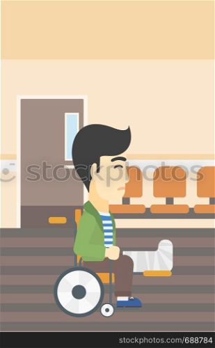 An asian injured man with leg in plaster. Man with broken leg sitting in wheelchair. Man with fractured leg in the hospital corridor. Vector flat design illustration. Vertical layout.. Man with broken leg sitting in wheelchair.