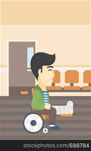 An asian injured man with leg in plaster. Man with broken leg sitting in wheelchair. Man with fractured leg in the hospital corridor. Vector flat design illustration. Vertical layout.. Man with broken leg sitting in wheelchair.