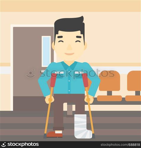 An asian injured man with leg in plaster. Man with broken using crutches. Man with fractured leg in the hospital corridor. Vector flat design illustration. Square layout.. Man with broken leg and crutches.