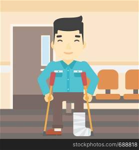 An asian injured man with leg in plaster. Man with broken using crutches. Man with fractured leg in the hospital corridor. Vector flat design illustration. Square layout.. Man with broken leg and crutches.