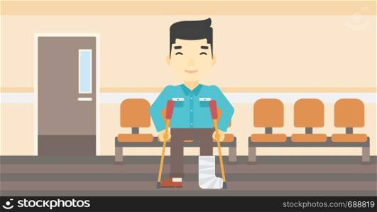 An asian injured man with leg in plaster. Man with broken using crutches. Man with fractured leg in the hospital corridor. Vector flat design illustration. Horizontal layout.. Man with broken leg and crutches.