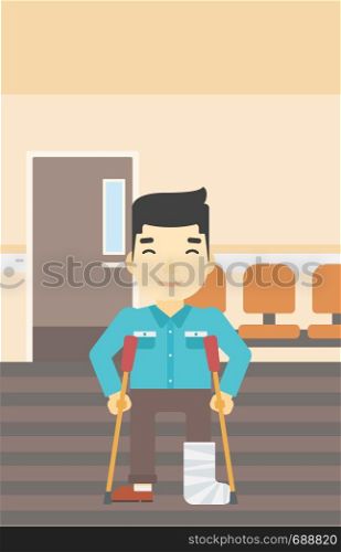 An asian injured man with leg in plaster. Man with broken using crutches. Man with fractured leg in the hospital corridor. Vector flat design illustration. Vertical layout.. Man with broken leg and crutches.