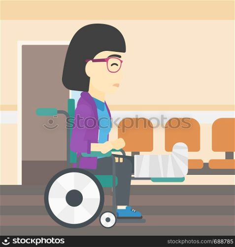 An asian injured woman with leg in plaster. Young woman with broken leg sitting in wheelchair. Woman with fractured leg in the hospital corridor. Vector flat design illustration. Square layout.. Woman with broken leg sitting in wheelchair.