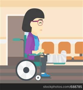 An asian injured woman with leg in plaster. Young woman with broken leg sitting in wheelchair. Woman with fractured leg in the hospital corridor. Vector flat design illustration. Square layout.. Woman with broken leg sitting in wheelchair.