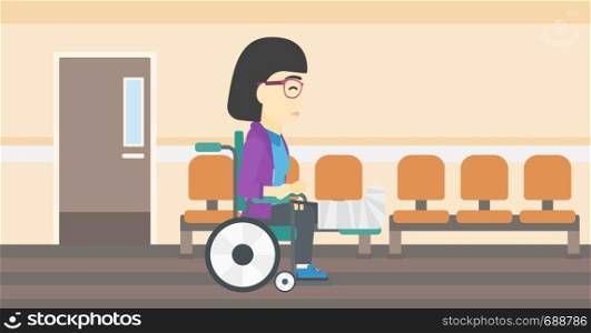 An asian injured woman with leg in plaster. Young woman with broken leg sitting in wheelchair. Woman with fractured leg in the hospital corridor. Vector flat design illustration. Horizontal layout.. Woman with broken leg sitting in wheelchair.