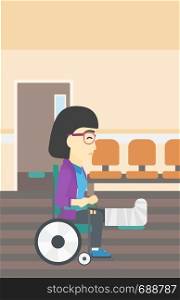 An asian injured woman with leg in plaster. Young woman with broken leg sitting in wheelchair. Woman with fractured leg in the hospital corridor. Vector flat design illustration. Vertical layout.. Woman with broken leg sitting in wheelchair.