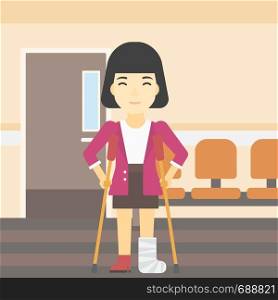An asian injured woman with leg in plaster. Woman with broken using crutches. Woman with fractured leg in the hospital corridor. Vector flat design illustration. Square layout.. Woman with broken leg and crutches.
