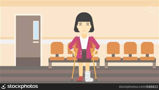 An asian injured woman with leg in plaster. Woman with broken using crutches. Woman with fractured leg in the hospital corridor. Vector flat design illustration. Horizontal layout.. Woman with broken leg and crutches.