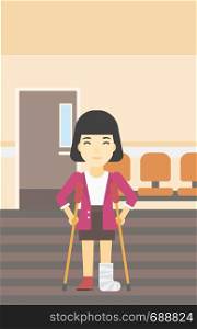 An asian injured woman with leg in plaster. Woman with broken using crutches. Woman with fractured leg in the hospital corridor. Vector flat design illustration. Vertical layout.. Woman with broken leg and crutches.