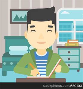 An asian journalist sitting at the table and writing in notebook with pencil. Journalist writing notes on the background of bedroom . Vector flat design illustration. Square layout.. Journalist writing in notebook vector illustration