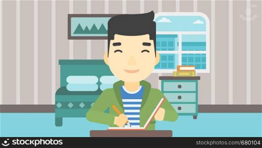 An asian journalist sitting at the table and writing in notebook with pencil. Journalist writing notes on the background of bedroom . Vector flat design illustration. Horizontal layout.. Journalist writing in notebook vector illustration