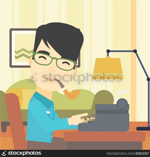 An asian journalist writing an article on a vintage typewriter on the background of living room. Journalist at work smoking pipe. Vector flat design illustration. Square layout.. Journalist working on retro typewriter.