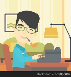 An asian journalist writing an article on a vintage typewriter on the background of living room. Journalist at work smoking pipe. Vector flat design illustration. Square layout.. Journalist working on retro typewriter.