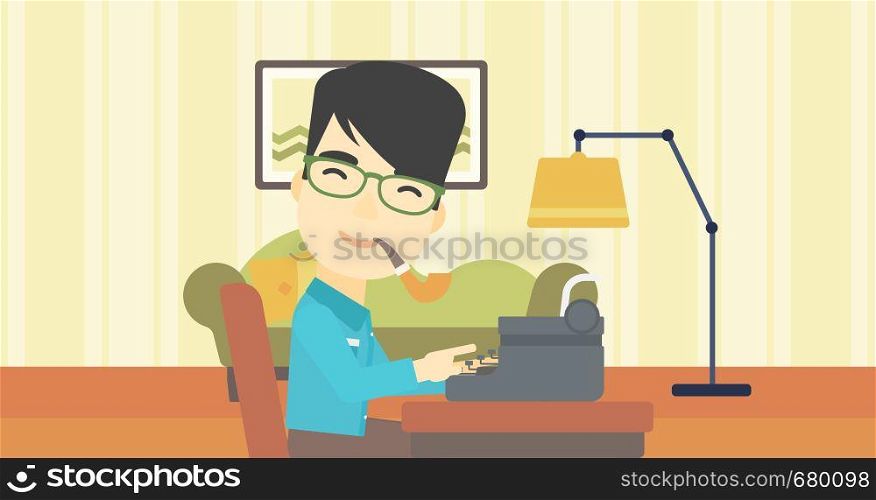 An asian journalist writing an article on a vintage typewriter on the background of living room. Journalist at work smoking pipe. Vector flat design illustration. Horizontal layout.. Journalist working on retro typewriter.