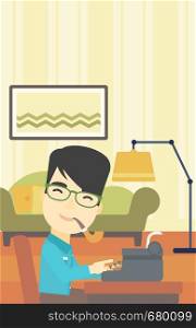 An asian journalist writing an article on a vintage typewriter on the background of living room. Journalist at work smoking pipe. Vector flat design illustration. Vertical layout.. Journalist working on retro typewriter.