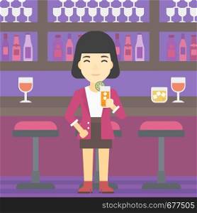 An asian joyful woman with an orange cocktail. Woman drinking an orange cocktail at bar. Woman celebrating at bar with an orange cocktail. Vector flat design illustration. Square layout.. Woman drinking orange cocktail at the bar.