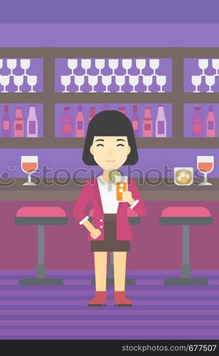 An asian joyful woman with an orange cocktail. Woman drinking an orange cocktail at bar. Woman celebrating at bar with an orange cocktail. Vector flat design illustration. Vertical layout.. Woman drinking orange cocktail at the bar.