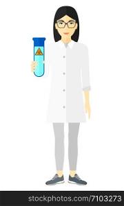 An asian laboratory assistant holding a test tube with biohazard sign on it vector flat design illustration isolated on white background. . Laboratory assistant with test tube.