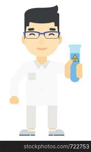 An asian laboratory assistant holding a test tube with biohazard sign on it vector flat design illustration isolated on white background. Vertical layout.. Laboratory assistant with test tube.