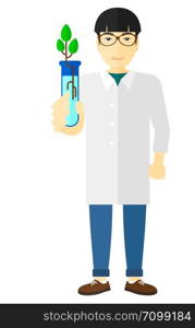 An asian laboratory assistant holding a test tube with growing plant in it vector flat design illustration isolated on white background. . Laboratory assistant with test tube.