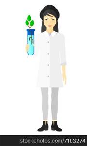 An asian laboratory assistant holding a test tube with growing plant in it vector flat design illustration isolated on white background. . Laboratory assistant with test tube.