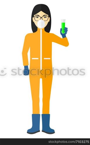An asian laboratory assistant in protective chemical suit holding a test-tube in hand vector flat design illustration isolated on white background. . Laboratory assistant with test tube.