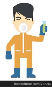 An asian laboratory assistant in protective chemical suit holding a test-tube in hand vector flat design illustration isolated on white background. Vertical layout.. Laboratory assistant with test tube.
